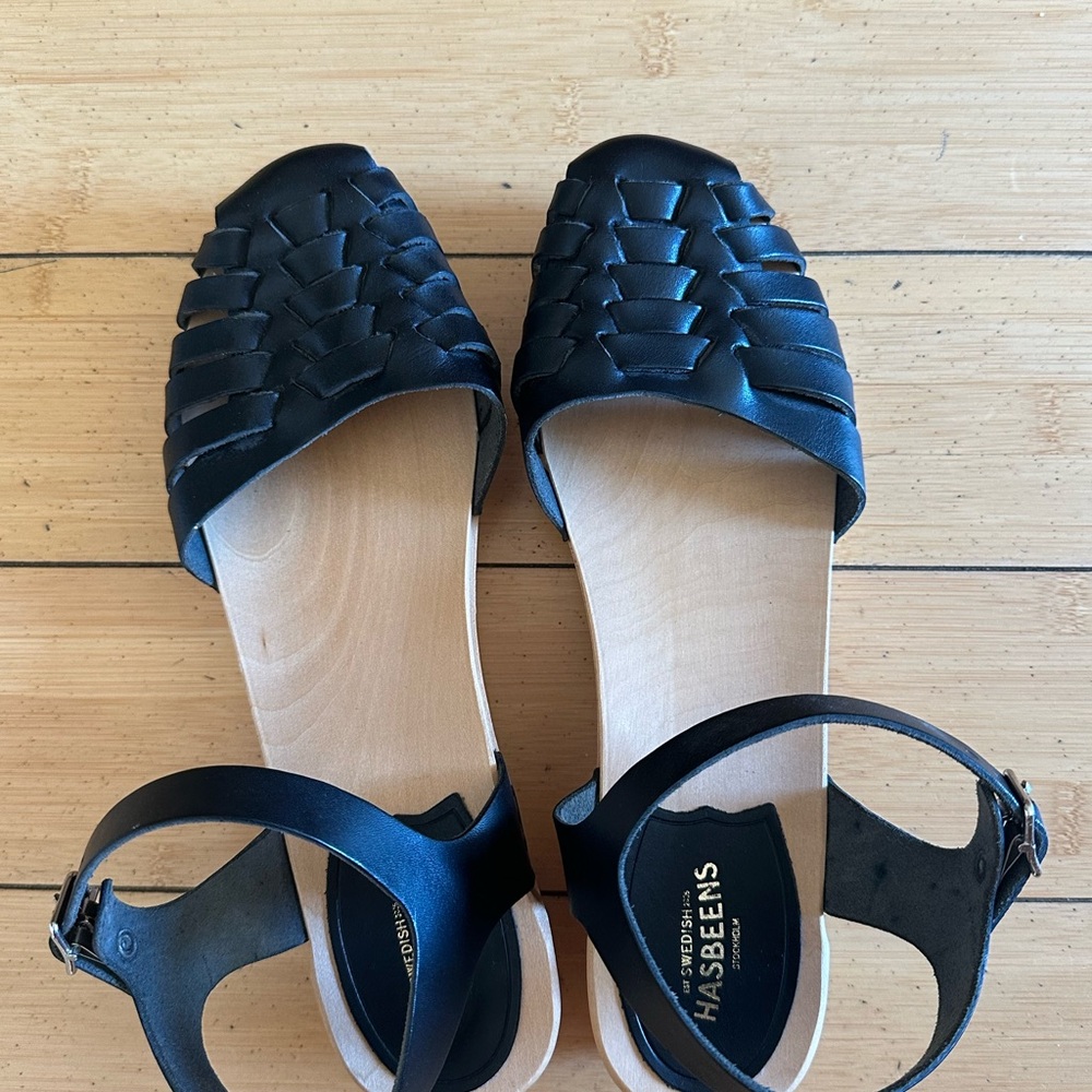 Swedish Hasbeens Black Leather Sandals